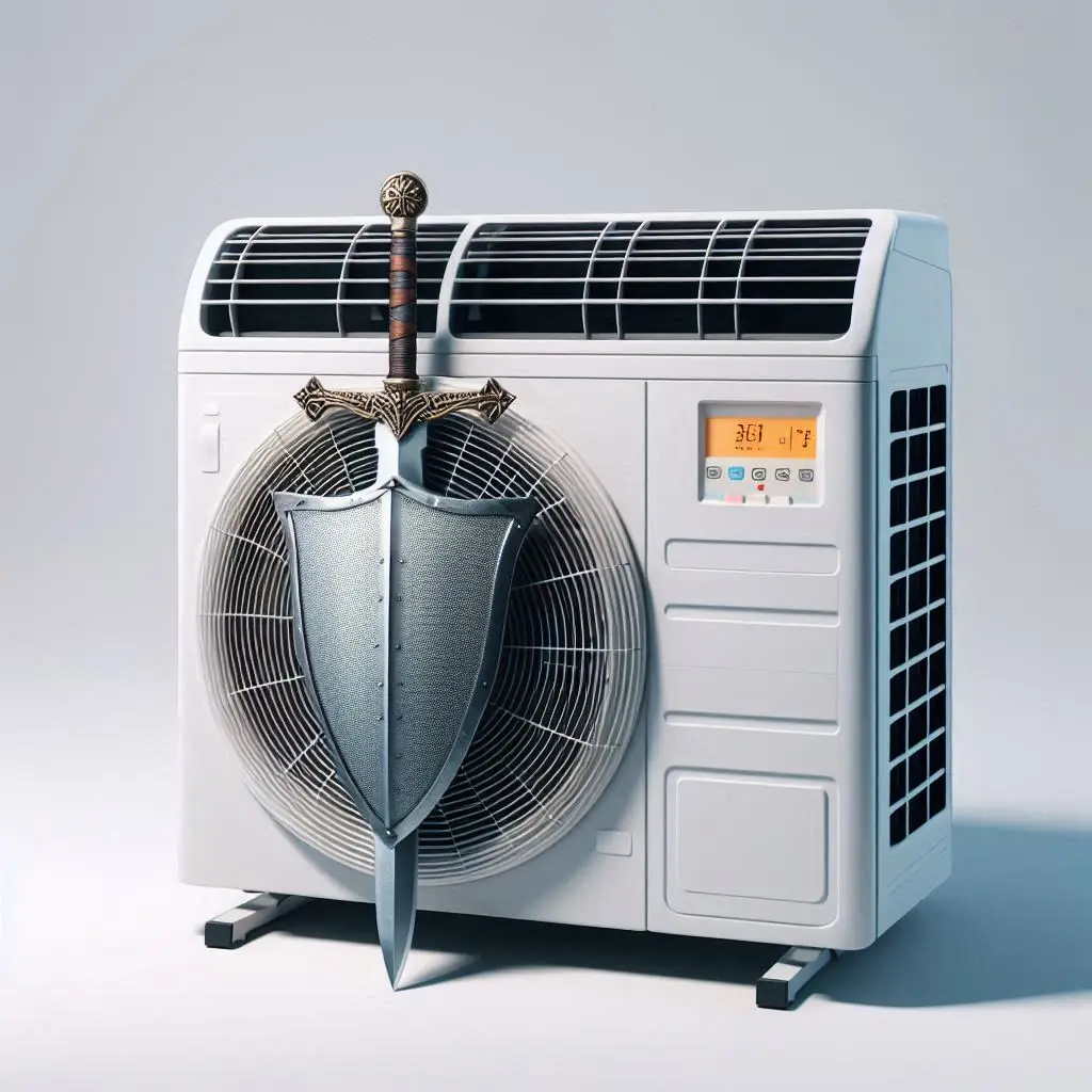 An A/C unit with a sword and shield acting like a filter protecting the air quality of the home owners house.