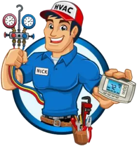 Cartoon of an HVAC technician wearing a blue uniform and red cap, holding HVAC gauges in one hand and a thermostat in the other, with a tool belt around his waist.