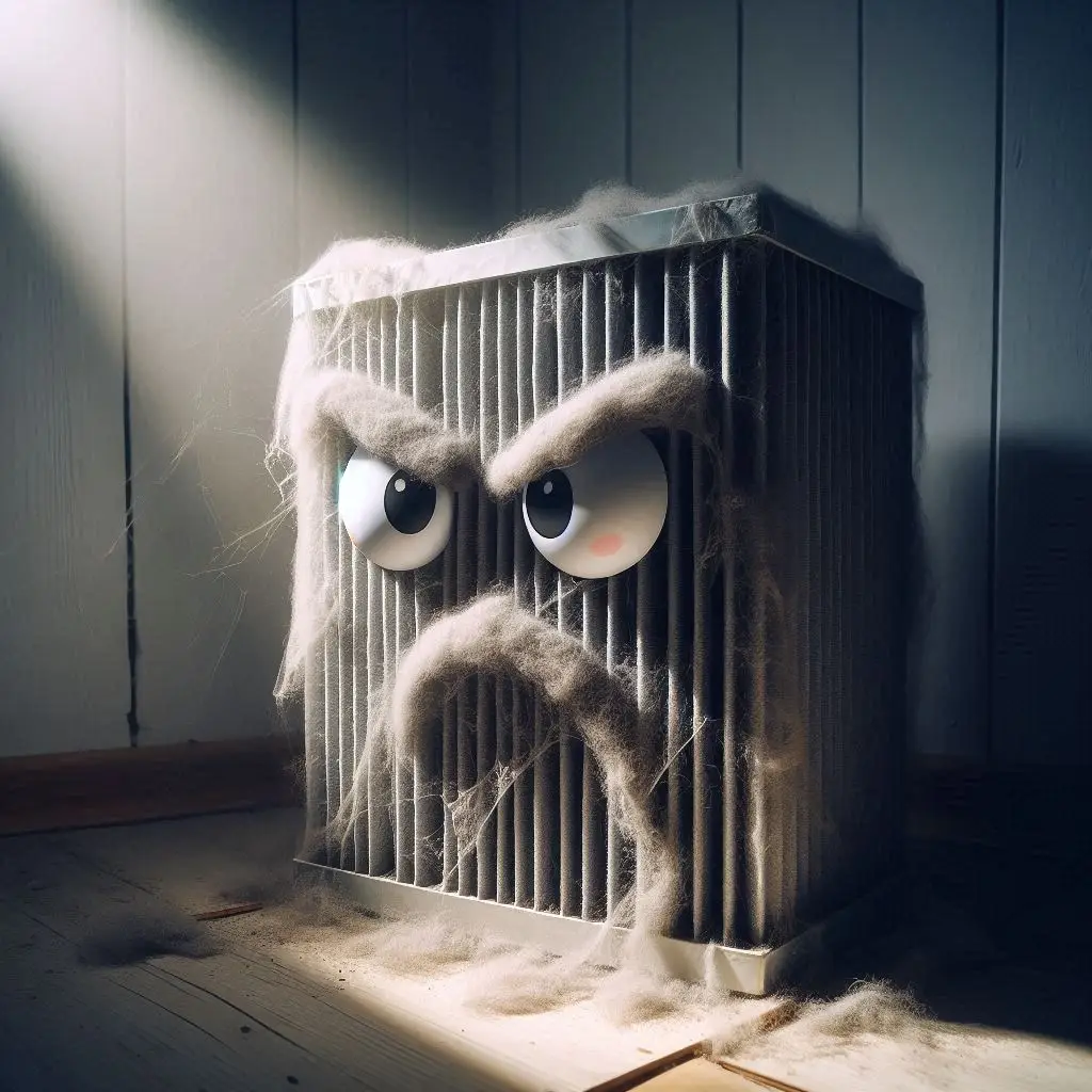 A heater characterized by a face and eyes, showing a dirty air filter, suggesting the necessity for regular upkeep