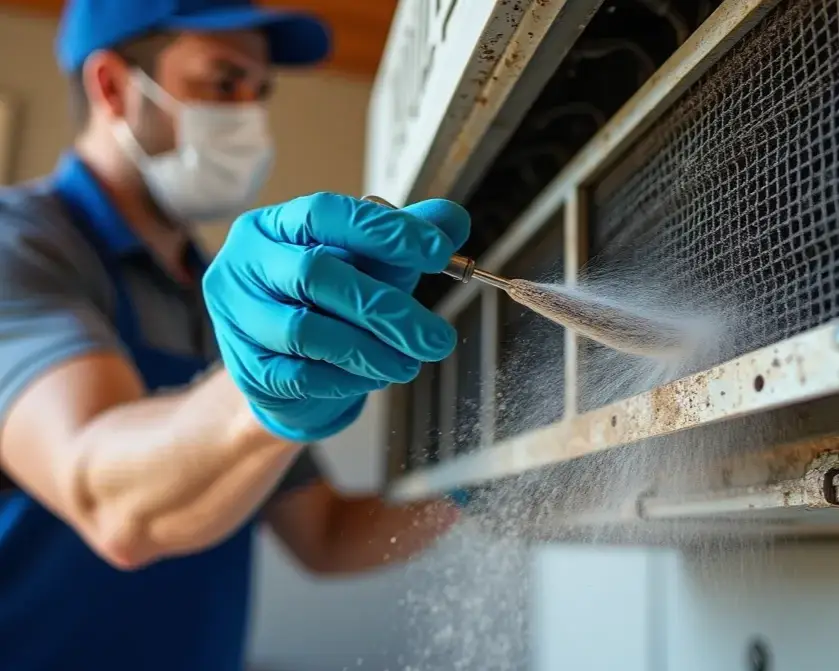 A technician wearing a blue cap, mask, and blue gloves is carefully cleaning an HVAC system. The technician is using a soft brush to remove dust and debris from the filter of the unit. The focus is on the technician's hand and the brush, with fine particles of dust visible in the air, highlighting the thoroughness of the cleaning process.