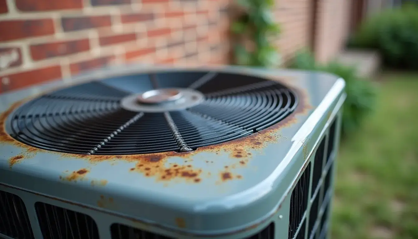 close up of rusted air conditioning unit against brick wall