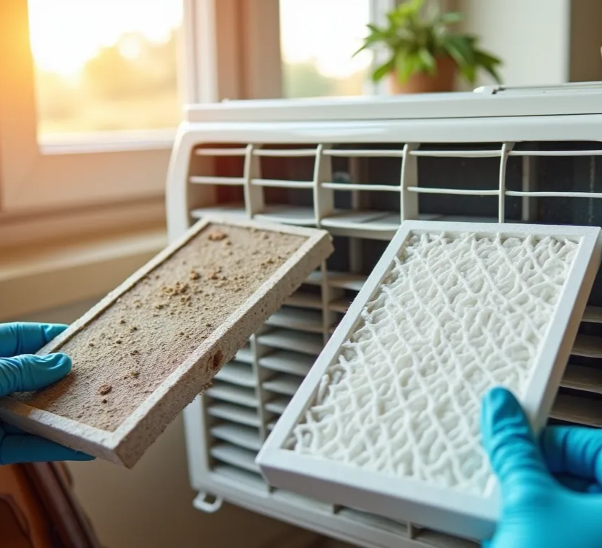 comparison of clean and dirty air conditioner filters during maintenance