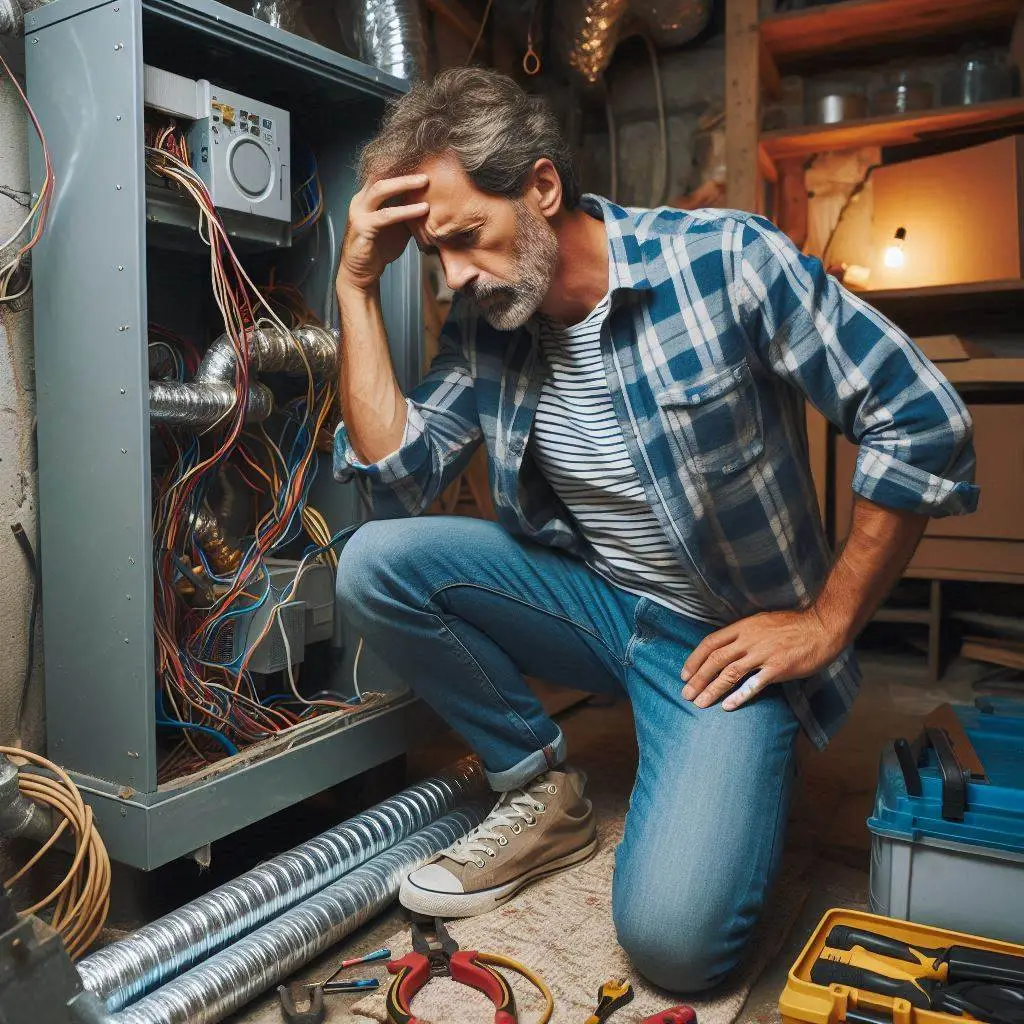 Frustrated homeowner kneeling beside an HVAC unit, scratching his head in confusion while trying to troubleshoot the system in a cluttered basement workshop.