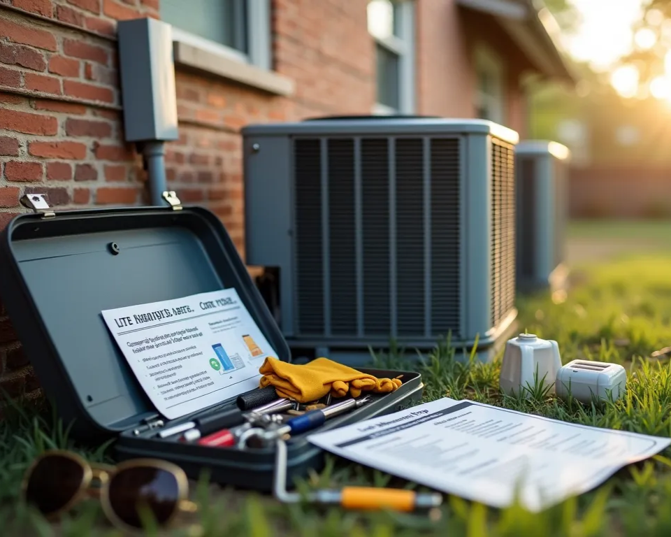 hvac maintenance tools and equipment near air conditioning unit