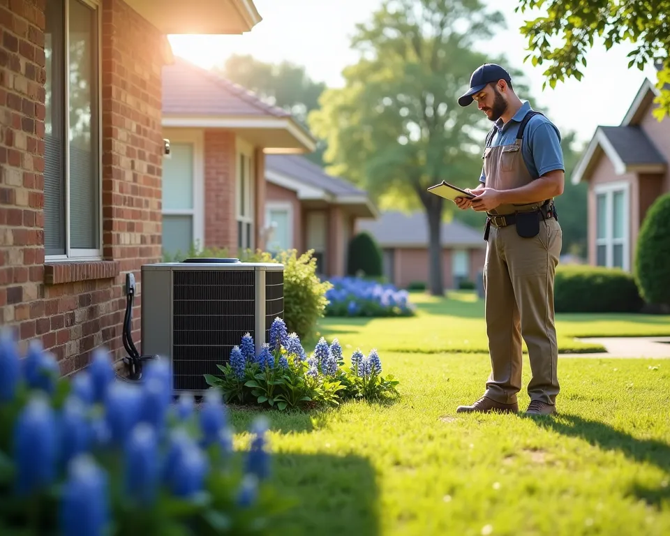 hvac technician inspecting ac unit on the side of a bricked house in the suburbs