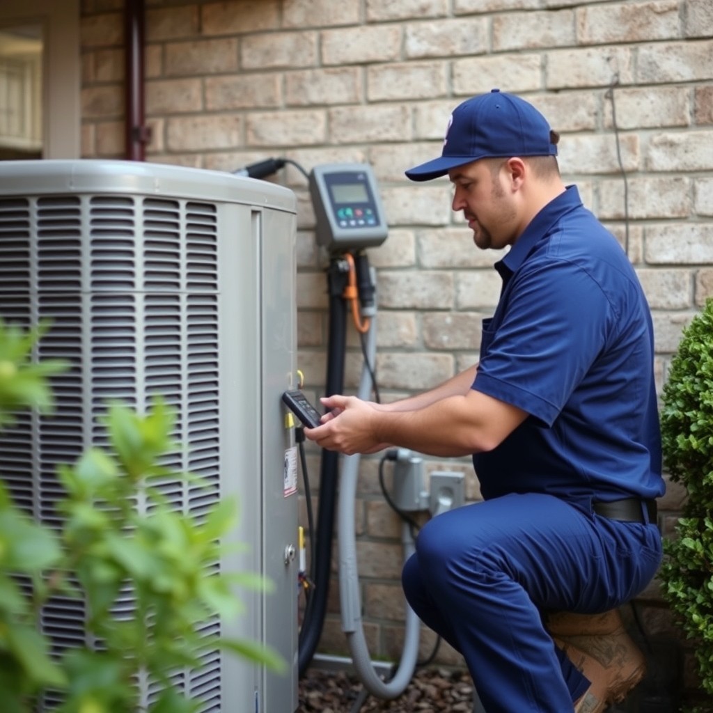 Air conditioning technician performing ac repair on a unit in Texas, ensuring optimal cooling for residential comfort.