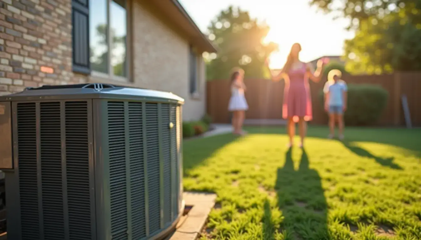 residential air conditioning unit with family enjoying backyard in warm sunset