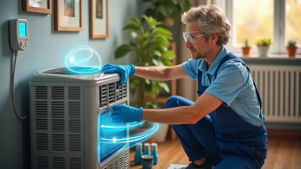 an HVAC technician performing preventive maintenance in a Fort Worth, TX home