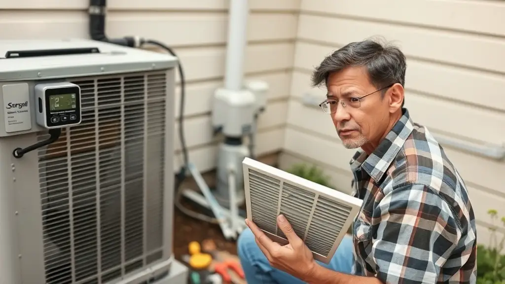 hvac maintenance homeowner inspecting air filter on air conditioning unit