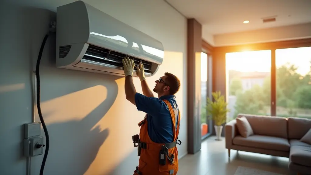 hvac-technician-installing-air-conditioner-in-modern-living-room-at-sunset