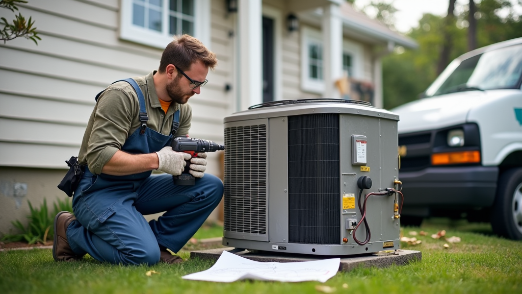 A technician in work gloves kneels beside an outdoor air conditioning unit, using a power drill to perform maintenance, with a service van parked nearby and a sheet of paper on the grass.