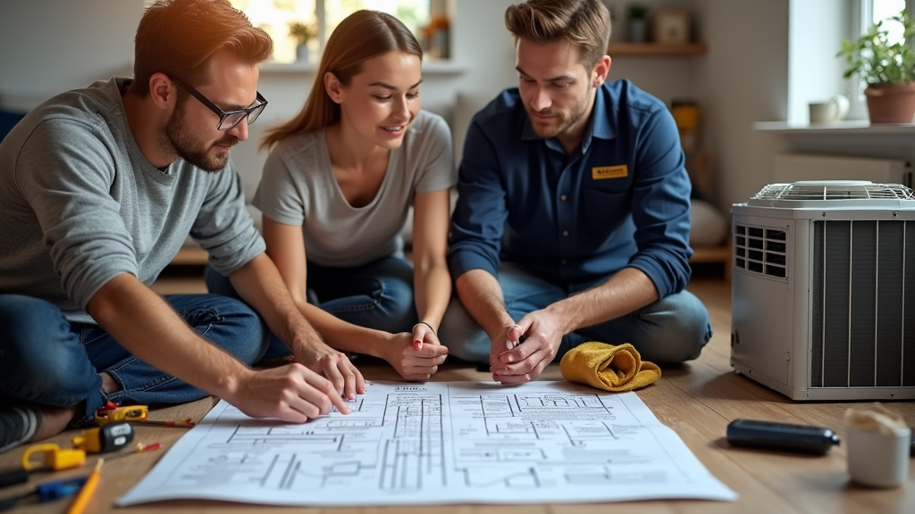 A technician and home owners are sitting on the floor, closely examining the process of installing a heat pump. They are engaged in discussion, with one man wearing glasses, a woman in a gray t-shirt, and the technician in a blue shirt. Tools are scattered around them, and an air conditioning unit is visible in the background.