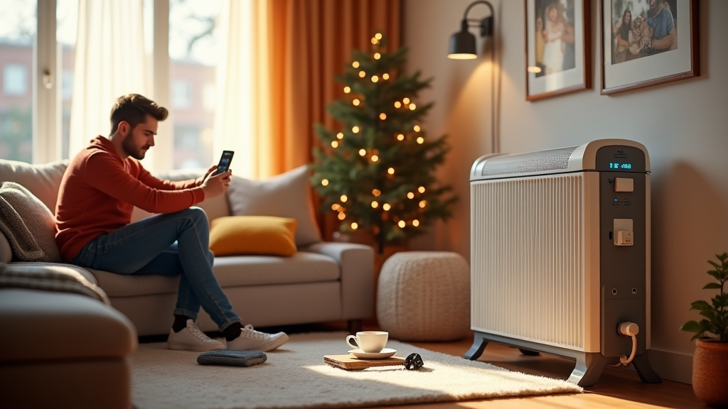 Man in a living room looking us up ways to maintain the new heater he got installed 