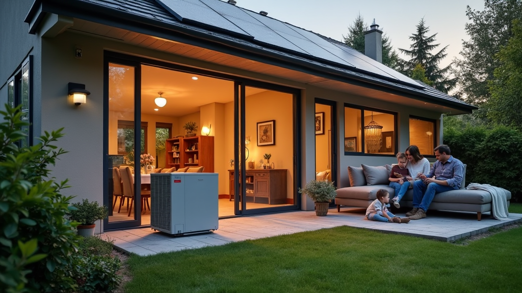 Family sitting on patio couch with a child, near a modern house with large glass doors, solar panels on roof, and an outdoor HVAC unit. Lush garden and trees in the background.