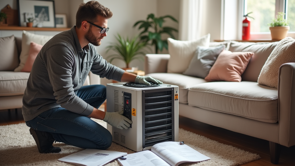 A man wearing glasses in his living room learning heater safety for the new heater that was installed