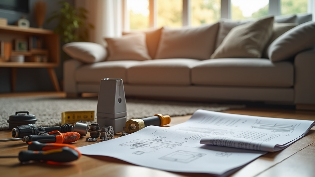 Tools and plans in a living room waiting to get used for a heater installation