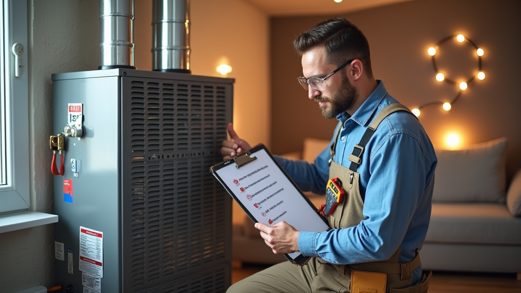 A worker in overalls inspects a furnace, clipboard in hand, focused on safety and maintenance.