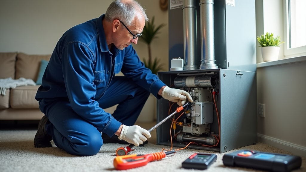 A man in blue overalls diligently working on a furnace, focused on his task in a workshop environment.