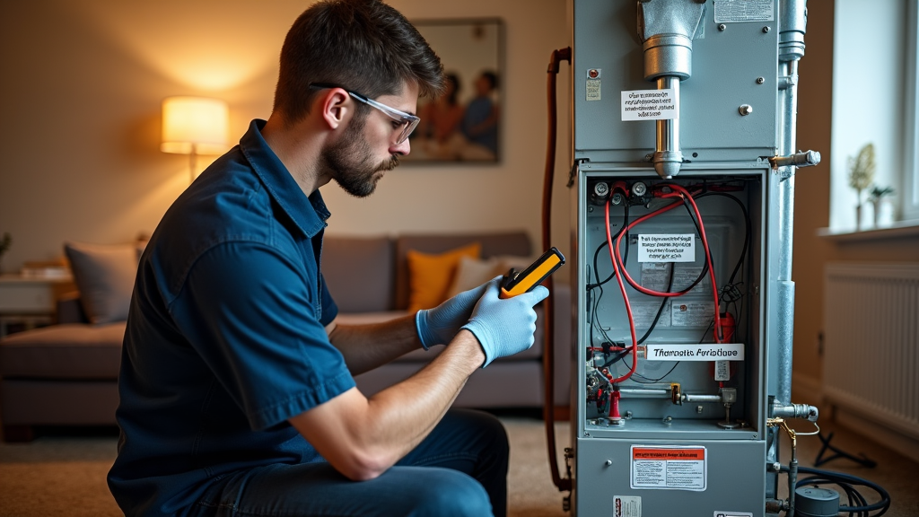 A man wearing a blue shirt and glasses is focused on operating a furnace in a workshop setting.