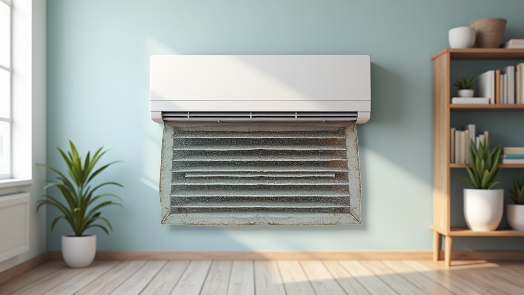 An indoor ac unit with an exposed dirty air filter